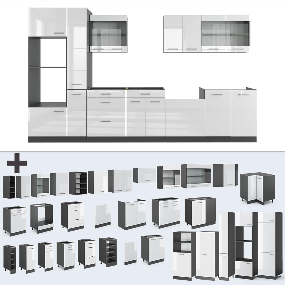 Vicco R-Line Fitted Kitchen Cabinets Anthracite Kitchen Furniture (Anthracite / White High Gloss, MUS 350 cm)