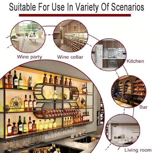FKKPRVAX Wandmontiertes Weinregal mit LED Glashalter, 4 stöckiges Metall Wandmontage Wine Display Ständer, Wand Flaschenregal für Bar-Einheiten, Restaurants und Zuhause (240×125×25cm)