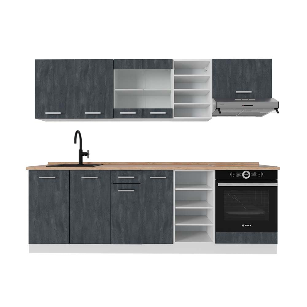 Vicco Küchenzeile R-Line, Küchenblock, Blau-Grau/Weiß, 240 cm ohne Arbeitsplatte