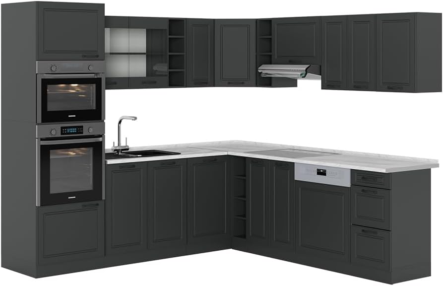 Vicco R-Line Fitted Kitchen Cabinets Anthracite Kitchen Furniture (Anthracite / White High Gloss, Corner 247 x 237 cm)