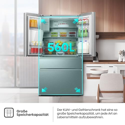 Hisense RF632N4WIE French Door Kühl-Gefrierkombination/ NoFrostPlus/ Inverter-Kompressor/ Wasserspender/ CrispZone/ 200 cm/ Kühlteil 336 l/ Gefrierteil 149 l/ 38 dB/ 295 kWh/ Jahr/ Inox-Look