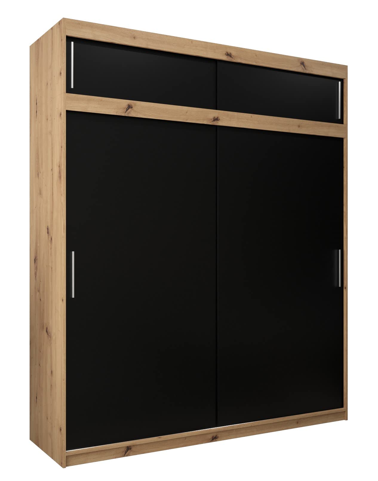 MEBLE KRYSPOL Tokyo 250 Wardrobe with Three Sliding Doors for Bedroom – Modern Storage Cabinet with Clothes Rail and Shelves – 250 x 200 x 62 cm – Matte Black and Artisan