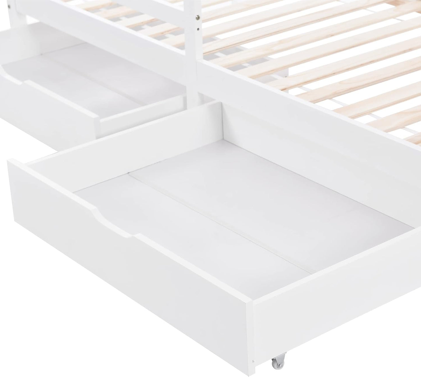 Merax Children's Bed 90 x 200 cm with Fall Protection, Children's House Bed with Drawers and Storage Shelf, Sturdy Wooden Tree House Bed with Slatted Frame, Play Bed for Boys and Girls, White