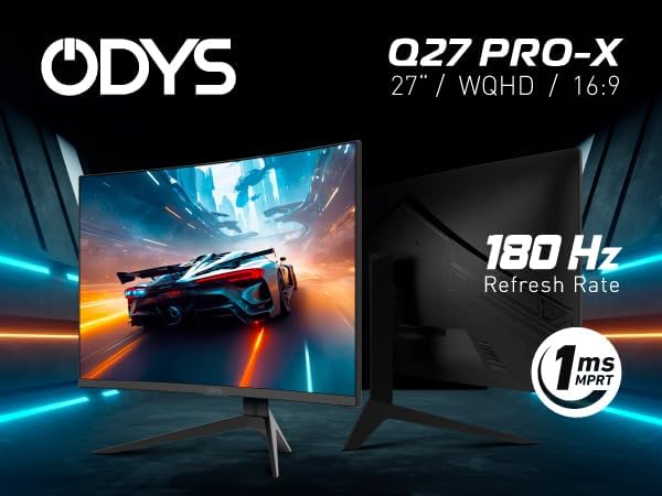 ODYS i27-Q-180-27 Inch Gaming Monitor (69 cm Screen, WQHD, 2,560 x 1,440 Pixels, 180 Hz, 1ms Response Time (MPRT), Fast IPS Panel, 120% sRGB, FreeSync, 2x HDMI, 2x Display Port)