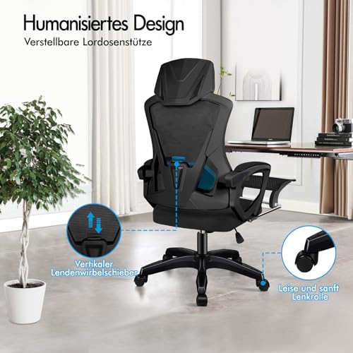 ALFORDSON Bürostuhl, Lendenstütze, Atmungsaktives Netz und Stoff, Hochklappbare/Verstellbare Armlehnen, Hochwertiger Schaumstoff, 180kg für Zuhause & Gaming, Wale, Schwarz