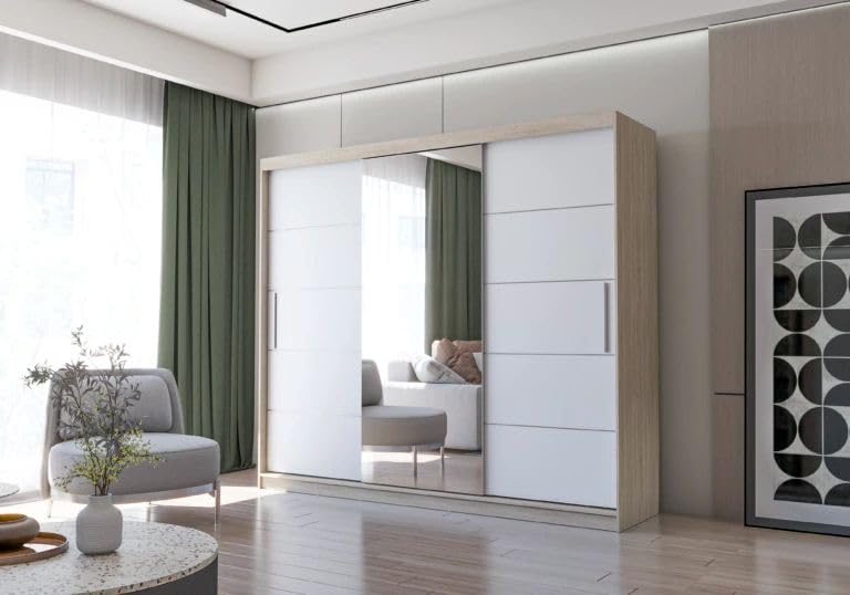 Fabryka Mebli Idźczak Kleiderschrank mit Spiegel, Schiebetüren - Weißer Schwebetürenschrank, Schlafzimmerschrank - 61 x 250 x 218 cm - Schrank für Schlafzimmer, Wohnzimmer, Garderobe
