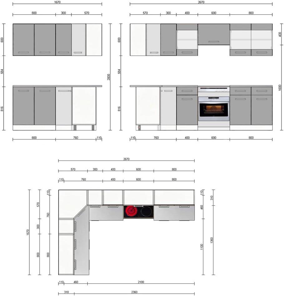 Vicco Kitchen Unit L 210 cm Kitchen Block Angle Corner Built-in Sonoma Oak - Freely Combinable Units - R-Line