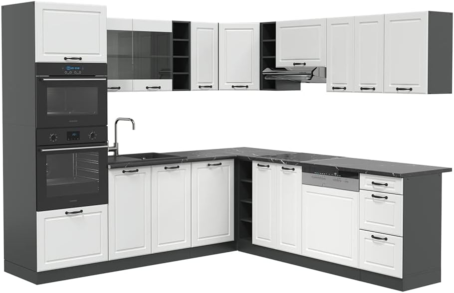 Vicco R-Line Fitted Kitchen Cabinets Anthracite Kitchen Furniture (Anthracite / White High Gloss, Corner 247 x 237 cm)