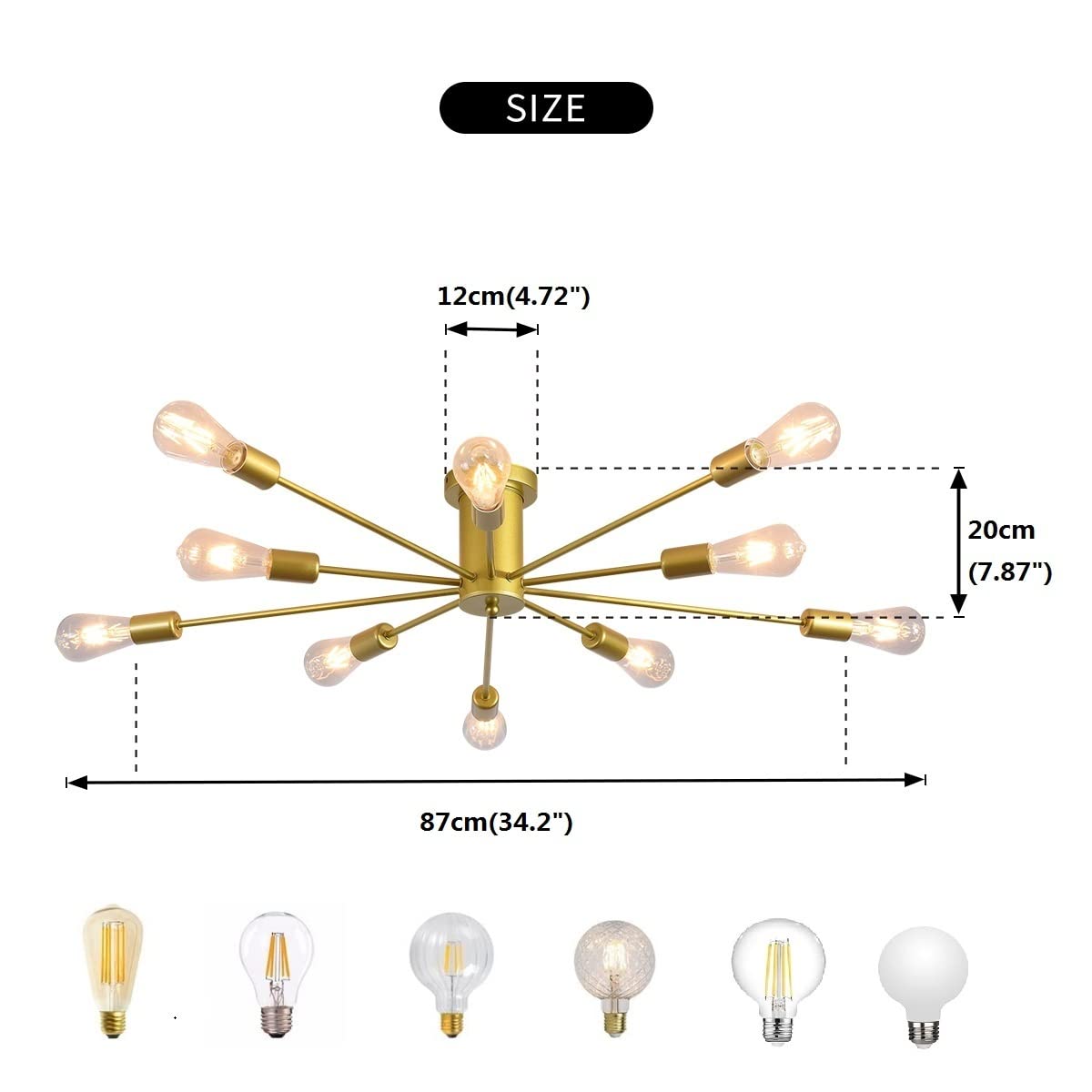 JIINOO 10 Lights Modern Chandelier Ceiling Light Gold Industrial Ceiling Lamp Medieval Semi Flush Mount Chandelier Ceiling Light for Kitchen Dining Room Living Room Bedroom Lighting