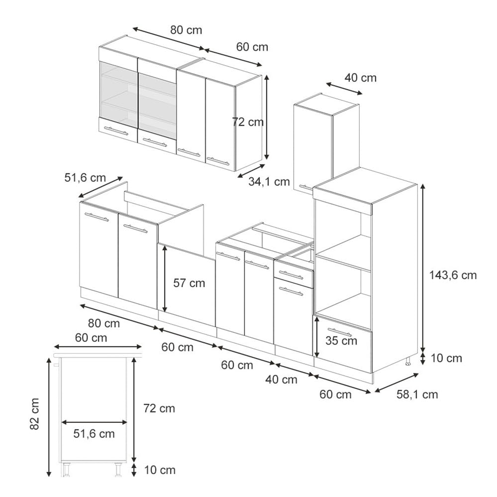Vicco Küchenzeile Fame-Line, Anthrazit Hochglanz/Goldkraft Eiche, 300 cm mit Hochschrank, ohne Arbeitsplatte