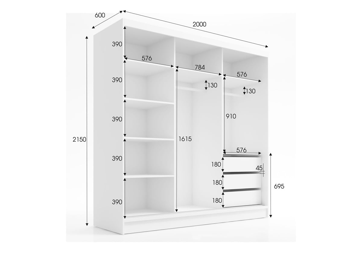 A&J MöbelLand Schwebetürenschrank mit Spiegel, 200 cm, 2 Türen, Schwarz (Schwarz)