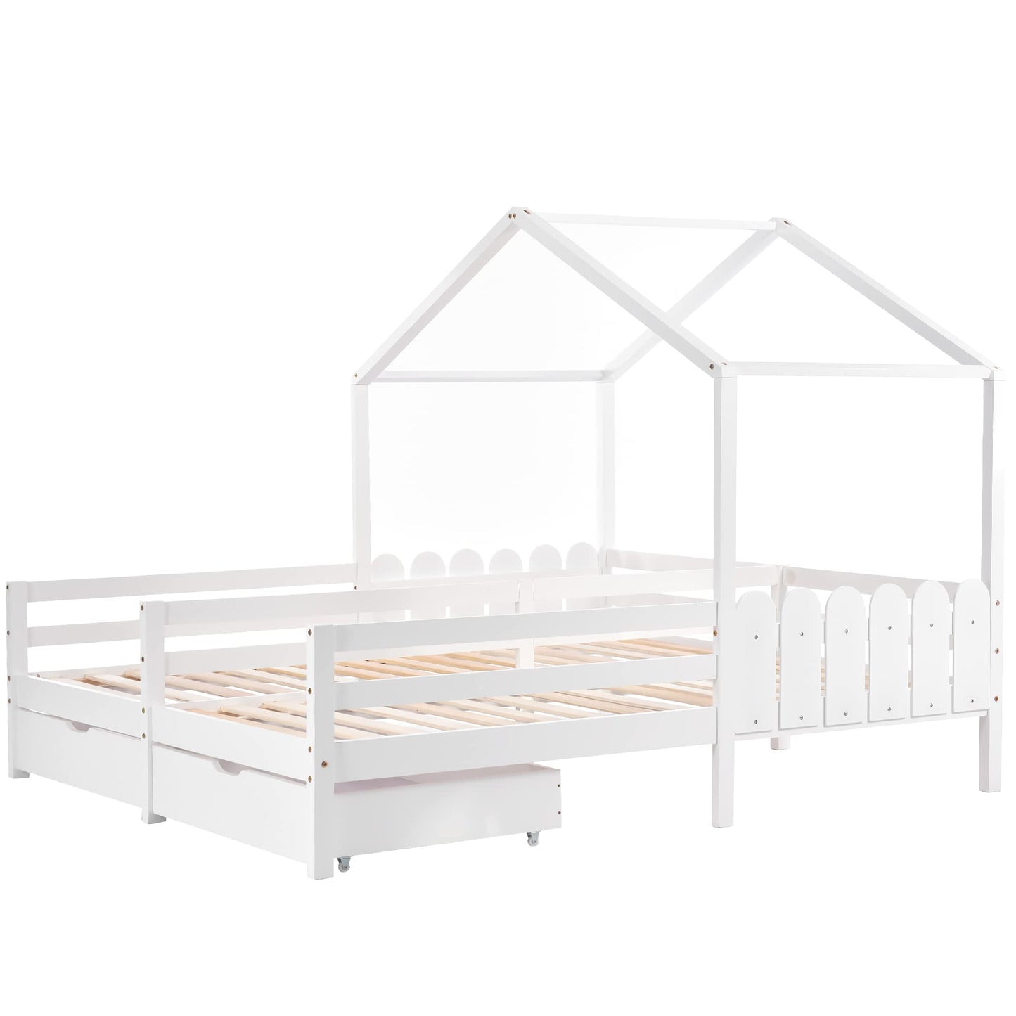 Merax Hausbett 90x200 cm mit 2 Schubladen, für 2 Kinder Doppelbett, Vielseitiges Holz Baumhausbett für Mädchen & Jungen, Stabil Spielbett Gitterbett mit Rausfallschutz und Lattenrost, Weiß
