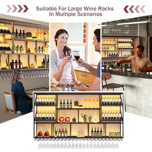 TAUODUYY 180 cm Large Industrial Wall Mounted Wine Rack, 3 Tier Wine Display with Glass Holder, Modern Black Metal Wine Rack Wall, for Home Kitchen/Wine Cellar/Bar Cafe (180 cm)