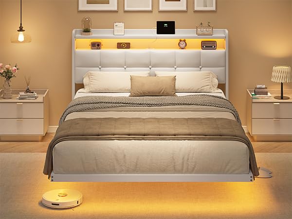 AOGLLATI Upholstered Bed 140 x 200 cm, Double Bed Frame, Bed Frame with LED Lighting and Charging Station, Bed Frame with Headboard, Bed Floating Bed Frame, Metal Bed, Linen, Dark Grey (without
