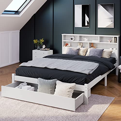 RIAZOS Kinderbett Holzbett 90x200 cm, Massiveholz Einzelbett mit Schreibtisch und Schubladen, Stauraumbett mit Lattenrost, für Jungen & Mädchen, ohne Matratze, Weiß