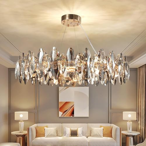 AHXIAOZN Modern LED Kristall Kronleuchter Luxus,Funkelnder Eiförmiger Kristall Deckenleuchte Gold,9xE14 Wohnzimmer Pendelleuchte,8-Flammig