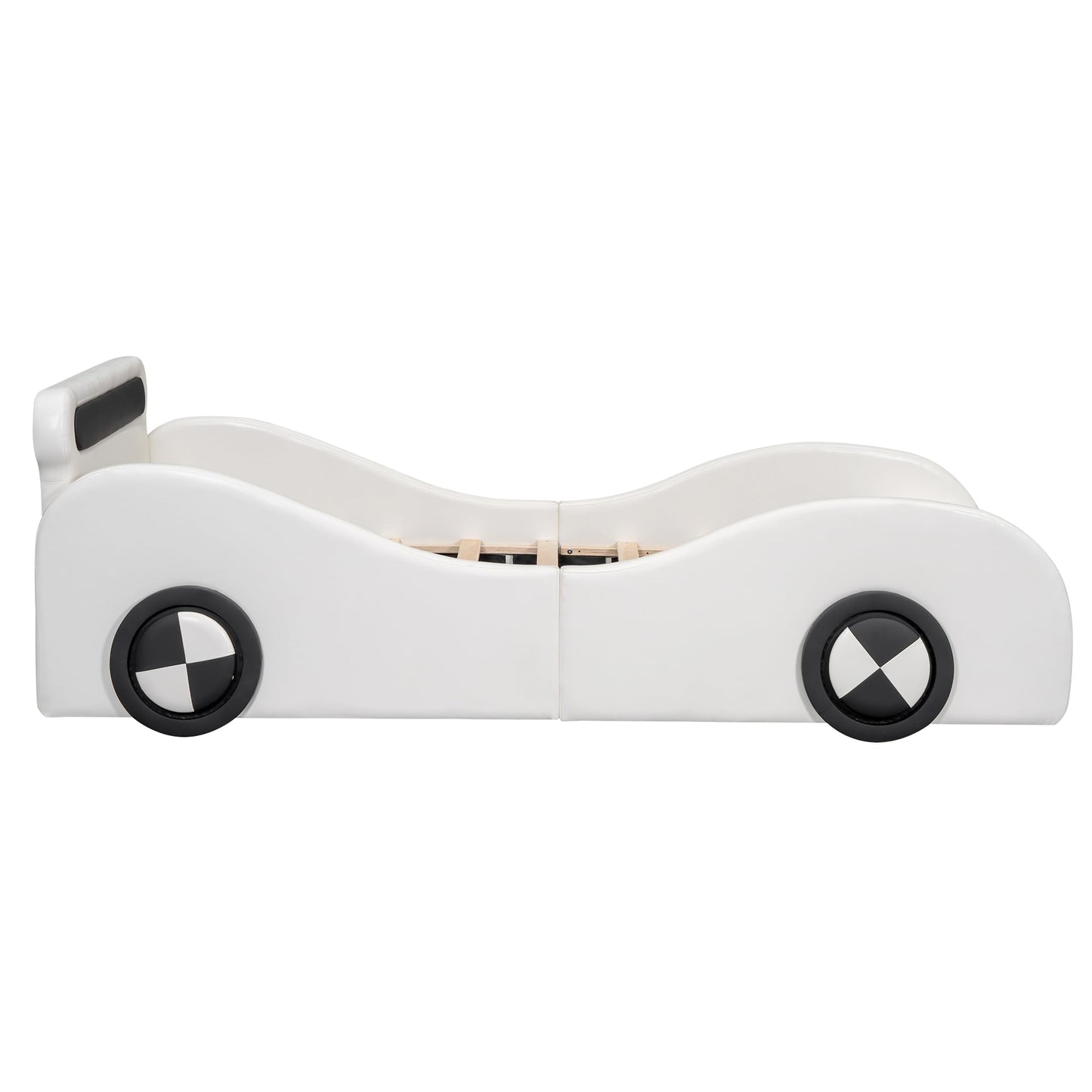 Autobett Kinderbett Jugendbett 90x200, Polsterbett Einzelbett mit leuchtenden Rädern&Stauraum, Aufregendes Auto Kinderbett für kleine Rennfahrer, Kinder Spielbett mit Lattenrost, PU,Ohne Matratze,Weiß
