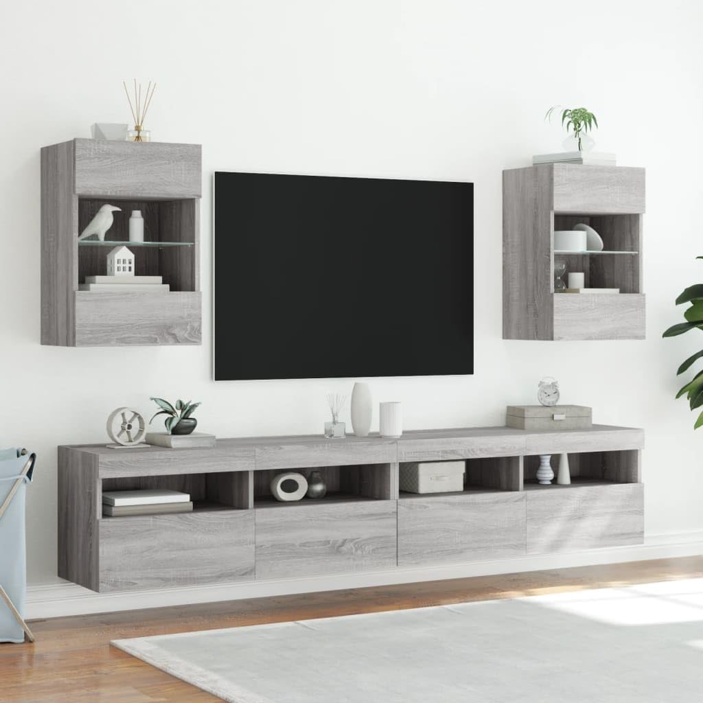Homgoday TV Wall Cabinets with LED Lights, Pack of 2, Cabinet Wall TV Cabinet with Lots of Storage Space, Wall Mounted TV Furniture for Living Room, Bedroom, Grey, Sonoma
