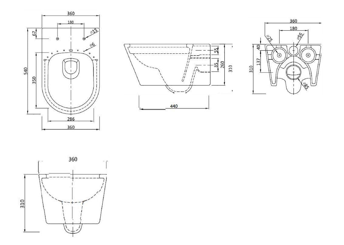 SSWW | Spülrandlose Toilette mit Softclose Toilettendeckel, Hänge-WC aus Keramik, Wand-WC, Tiefspüler | 54 cm lang