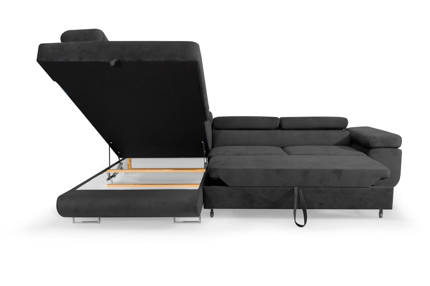 Aller L-Shaped Corner Sofa with Sleep Function and Bed Box in Jasmine, Left Ottoman (Dark Grey)