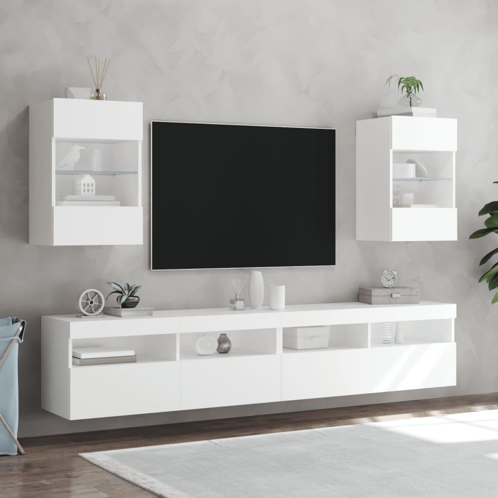 Homgoday TV Wall Cabinets with LED Lights, Pack of 2, Cabinet Wall TV Cabinet with Lots of Storage Space, Wall Mounted TV Furniture for Living Room, Bedroom, Grey, Sonoma