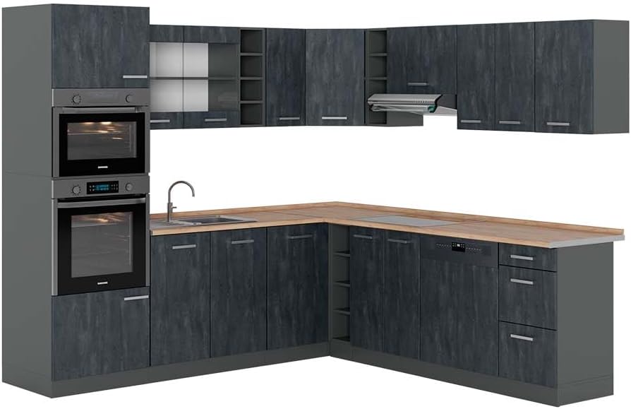 Vicco R-Line Fitted Kitchen Cabinets Anthracite Kitchen Furniture (Anthracite / White High Gloss, Corner 247 x 237 cm)