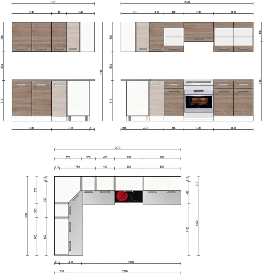 Vicco Kitchen Unit L 210 cm Kitchen Block Angle Corner Built-in Sonoma Oak - Freely Combinable Units - R-Line