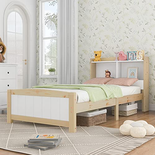 RIAZOS Kinderbett Holzbett 90x200 cm, Massiveholz Einzelbett mit Schreibtisch und Schubladen, Stauraumbett mit Lattenrost, für Jungen & Mädchen, ohne Matratze, Weiß