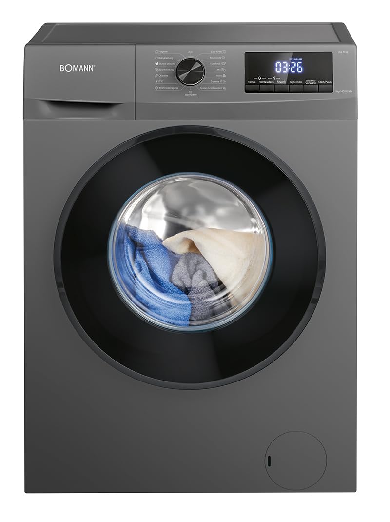 Bomann® Washing Machine 8 kg | Max. 1400 rpm | Robust, Quiet & Durable Inverter Motor | 15 Washing Programmes | LED Display | with Steam Function | WA 7185 Titanium - Black