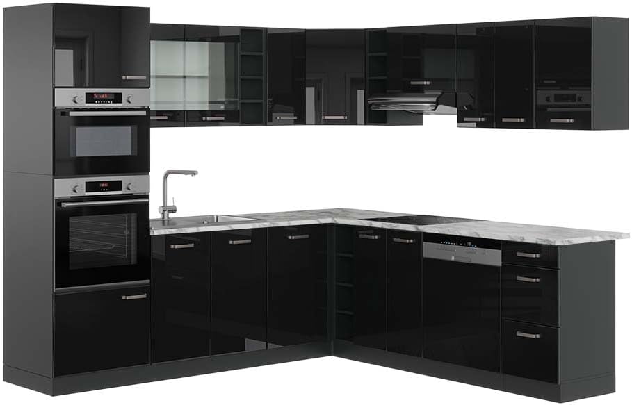 Vicco R-Line Fitted Kitchen Cabinets Anthracite Kitchen Furniture (Anthracite / White High Gloss, Corner 247 x 237 cm)
