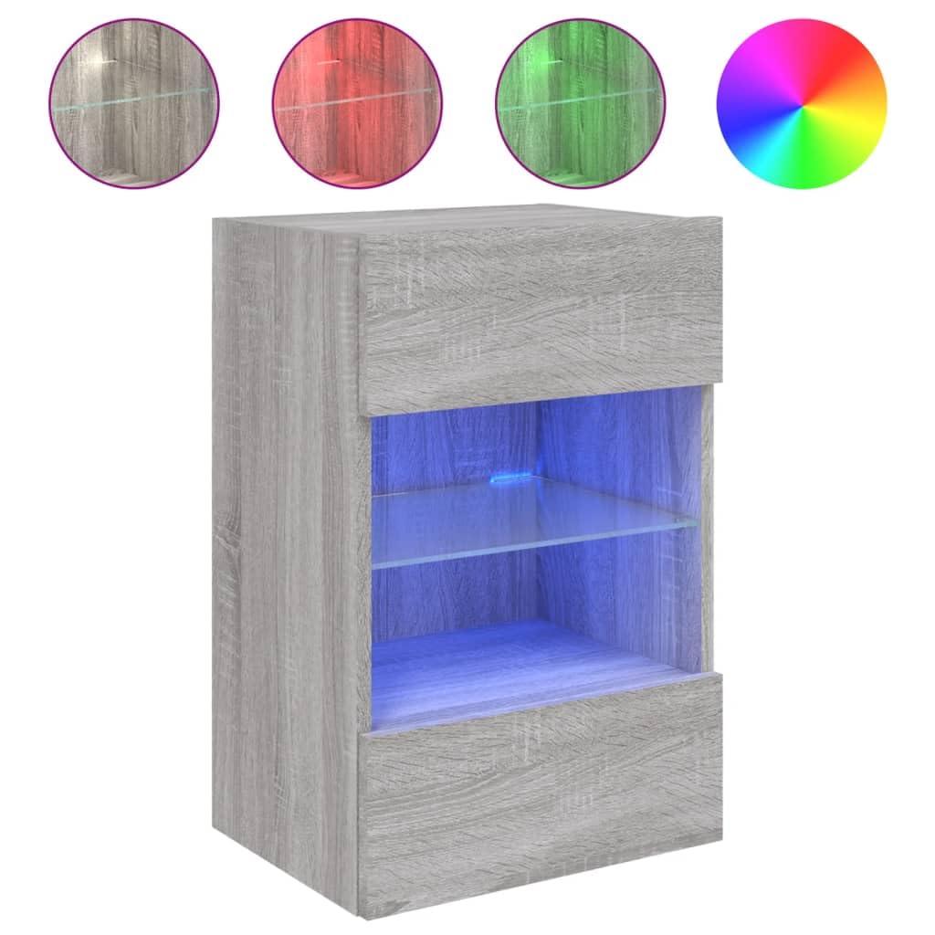 Homgoday TV Wall Cabinets with LED Lights, Pack of 2, Cabinet Wall TV Cabinet with Lots of Storage Space, Wall Mounted TV Furniture for Living Room, Bedroom, Grey, Sonoma