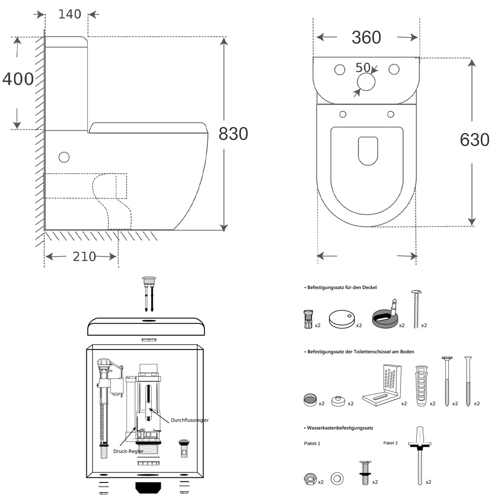 KERABAD Stand WC mit Spülkasten komplett Set, Spülrandlos, Abgang senkrecht und waagerecht, WC-Sitz aus Duroplast mit Absenkautomatik SoftClose-Funktion KB6003-U aus Keramik