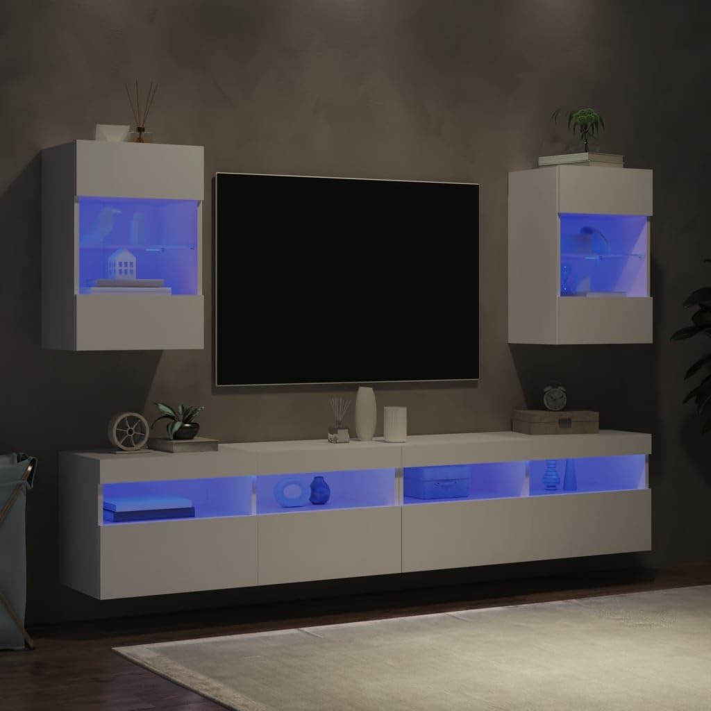 Homgoday TV Wall Cabinets with LED Lights, Pack of 2, Cabinet Wall TV Cabinet with Lots of Storage Space, Wall Mounted TV Furniture for Living Room, Bedroom, Grey, Sonoma