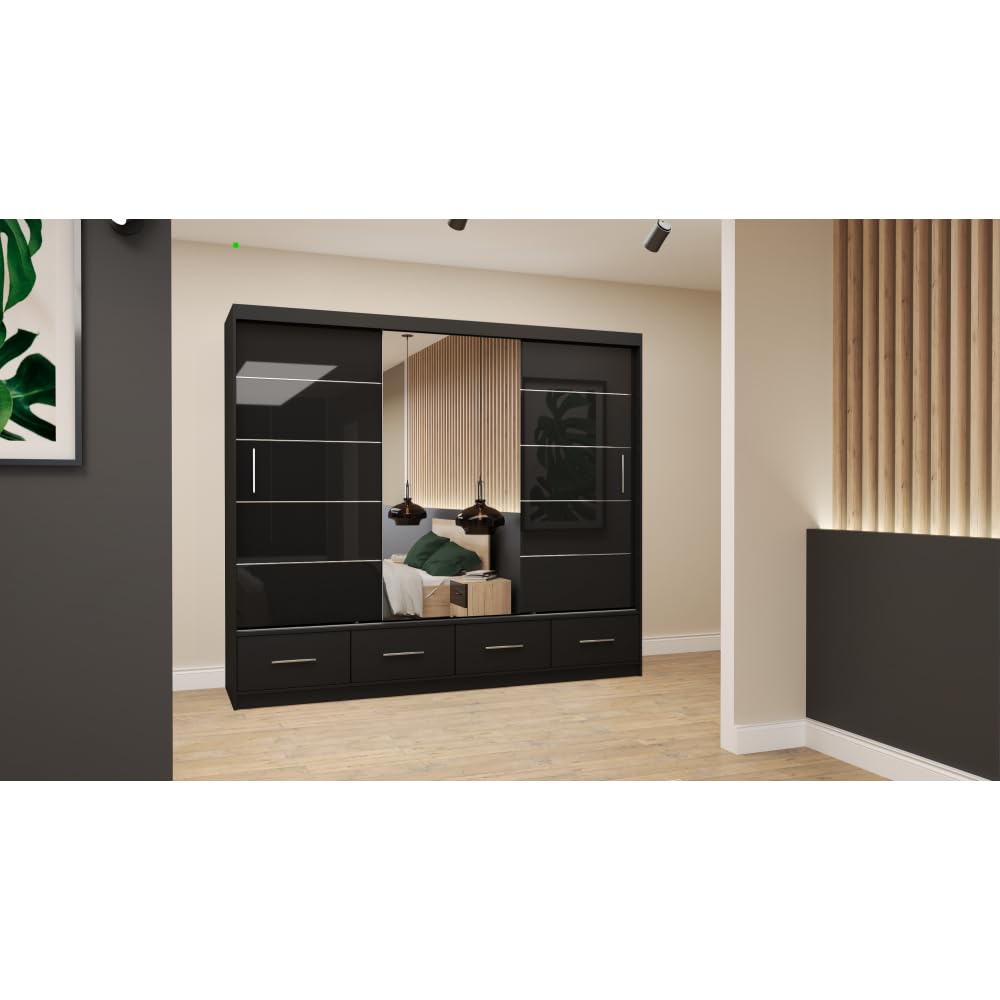 Fabryka Mebli Idźczak Kleiderschrank mit Spiegel weiß - Schwebetürenschrank - Schlafzimmerschrank - 61 x 250 x 218 cm - Wohnzimmerschrank - Garderobenschrank, Schrank mit 2 Türen, 4 Schubladen