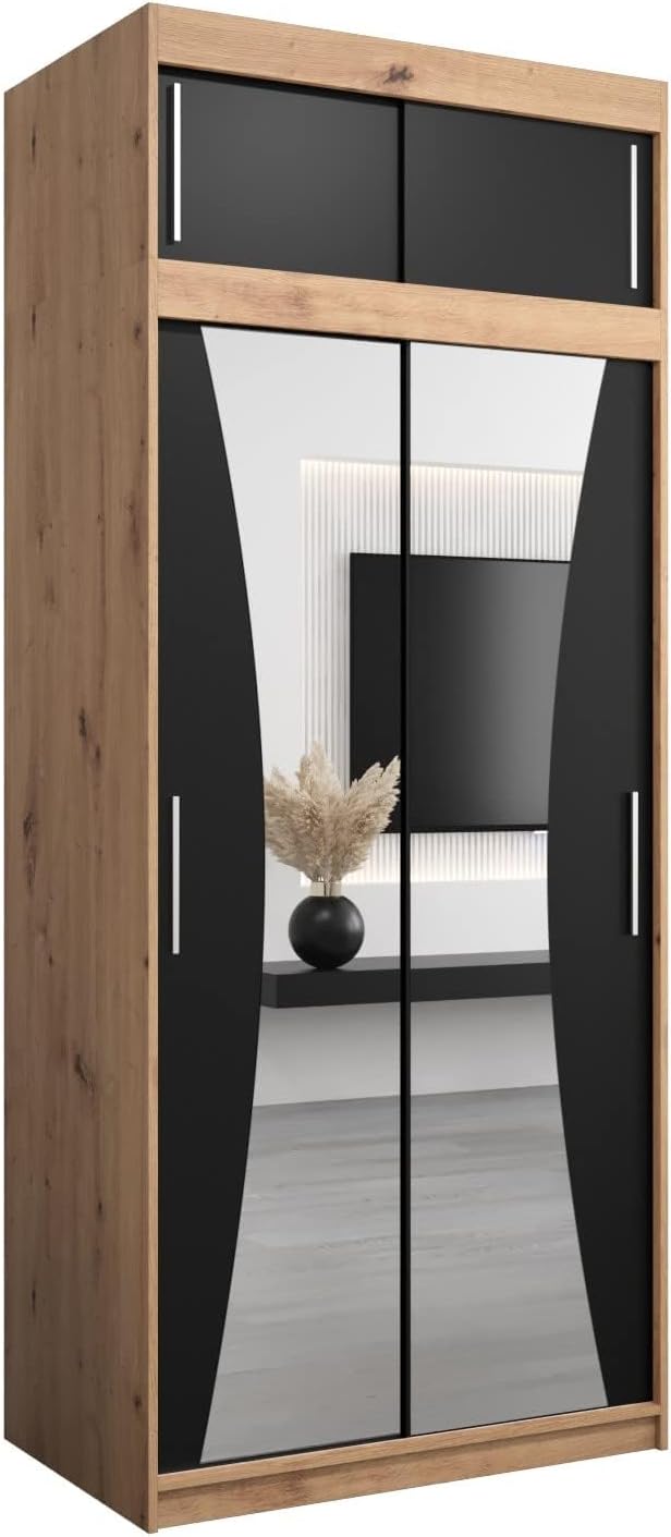 MEBLE KRYSPOL Kleiderschrank mit Spiegel Monaco - Garderobenschrank - Schrank Schlafzimmer - Mehrzweckschrank DREI Schiebetüren - Regalen - Flur Möbel - Kleiderstange Schrank - Allzweckschrank