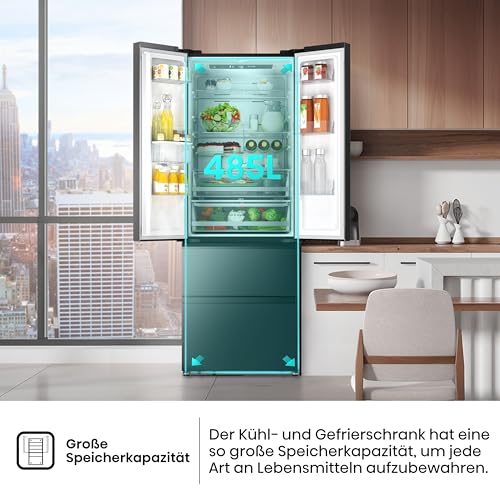 Hisense RF632N4WIE French Door Kühl-Gefrierkombination/ NoFrostPlus/ Inverter-Kompressor/ Wasserspender/ CrispZone/ 200 cm/ Kühlteil 336 l/ Gefrierteil 149 l/ 38 dB/ 295 kWh/ Jahr/ Inox-Look