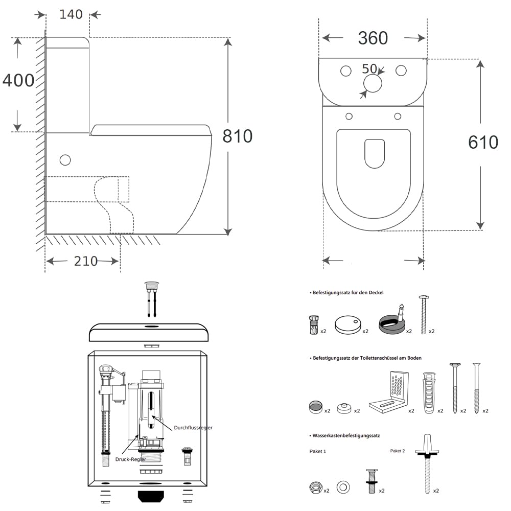KERABAD Stand WC mit Spülkasten komplett Set, Spülrandlos, Abgang senkrecht und waagerecht, WC-Sitz aus Duroplast mit Absenkautomatik SoftClose-Funktion KB6003-U aus Keramik