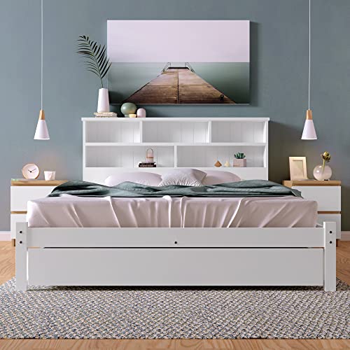 RIAZOS Kinderbett Holzbett 90x200 cm, Massiveholz Einzelbett mit Schreibtisch und Schubladen, Stauraumbett mit Lattenrost, für Jungen & Mädchen, ohne Matratze, Weiß