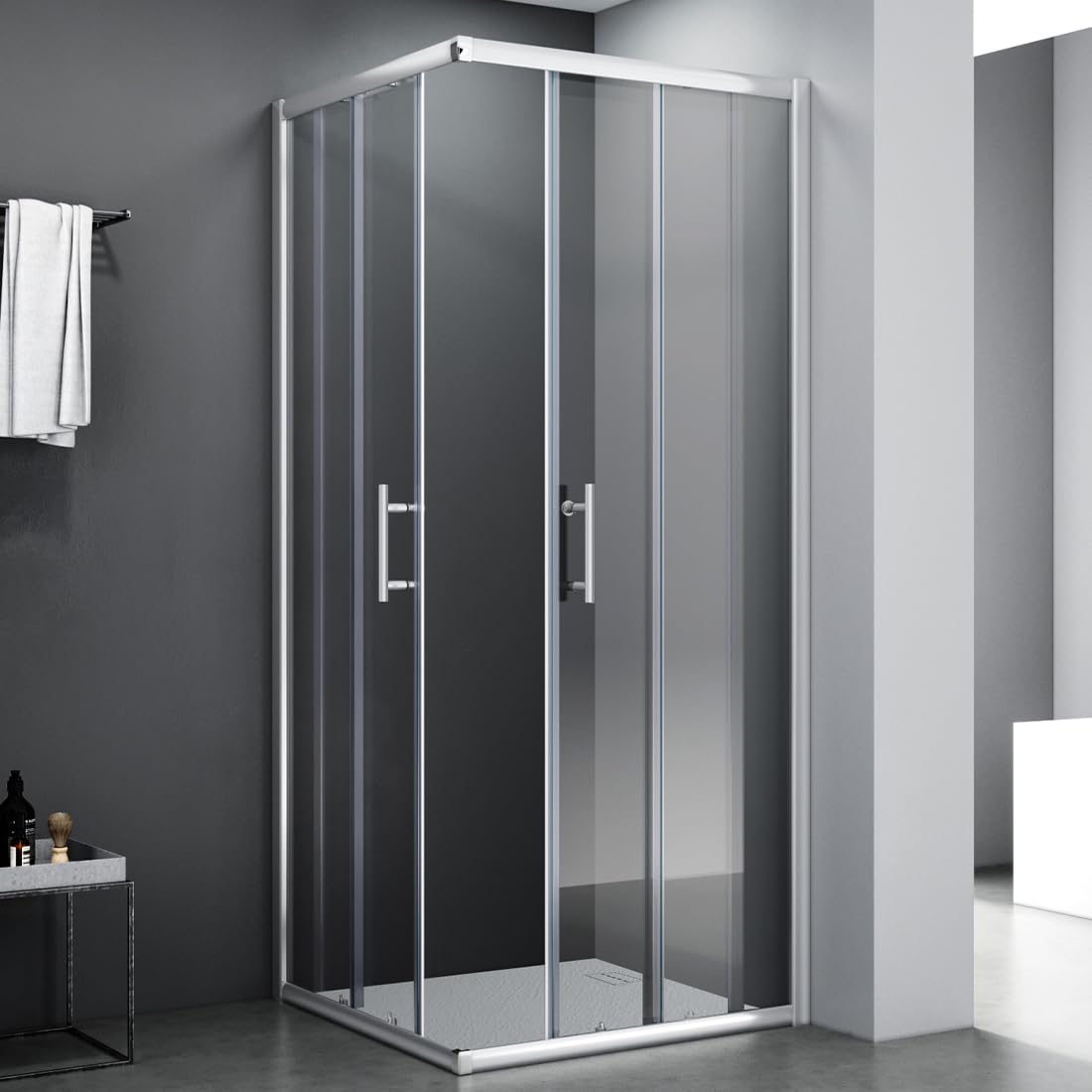 SONNI Shower Cubicle 80 x 80 x 185 cm, Corner Entry, Shower Enclosure, Double Sliding Door, Real Glass