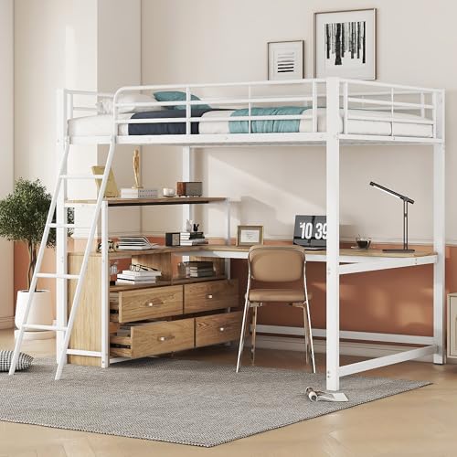 Merax Kinderbett Hochbett 90x200 cm Metallbett mit L-förmigem Schreibtisch, 2 Schubladen und Regal, Bettgestell mit Lattenrost (ohne Matratze) für Kinder/Erwachsene, Schwarz