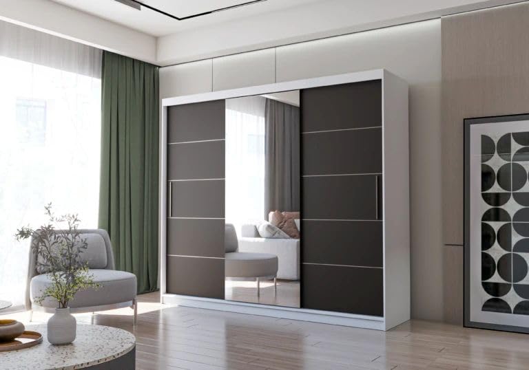 Fabryka Mebli Idźczak Kleiderschrank mit Spiegel, Schiebetüren - Weißer Schwebetürenschrank, Schlafzimmerschrank - 61 x 250 x 218 cm - Schrank für Schlafzimmer, Wohnzimmer, Garderobe