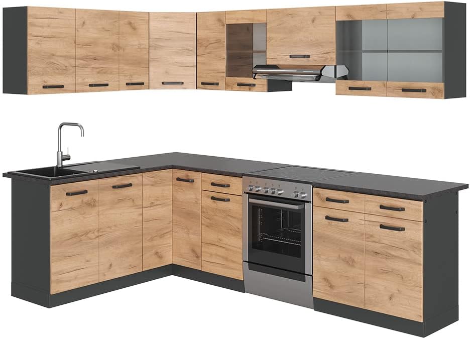 Vicco Kitchen Unit L 210 cm Kitchen Block Angle Corner Built-in Sonoma Oak - Freely Combinable Units - R-Line