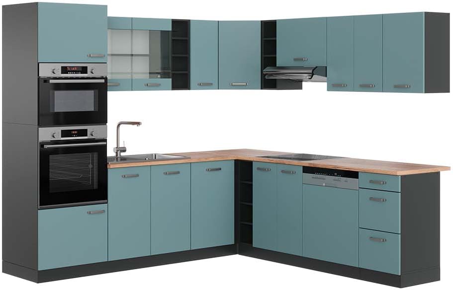 Vicco R-Line Fitted Kitchen Cabinets Anthracite Kitchen Furniture (Anthracite / White High Gloss, Corner 247 x 237 cm)
