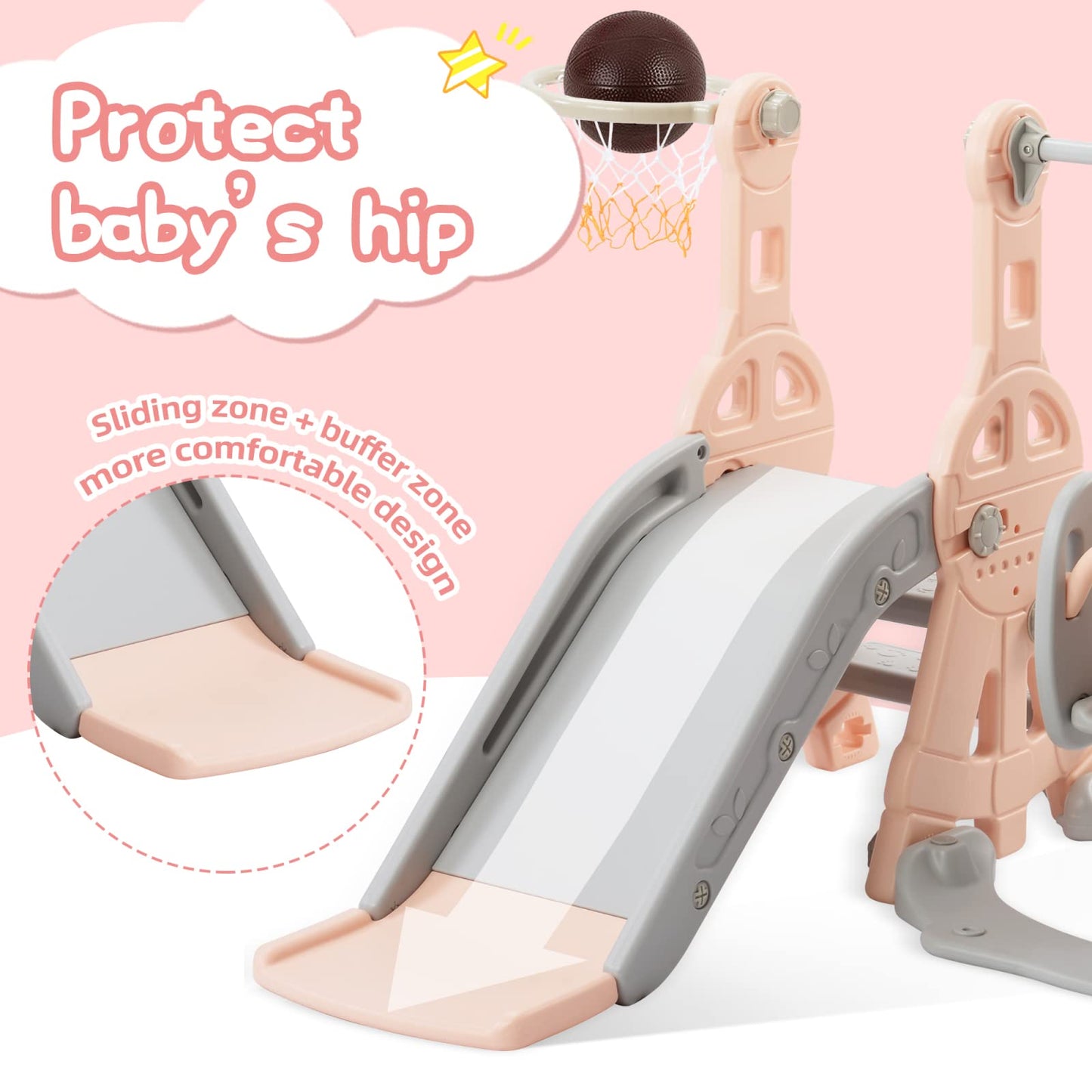 Kinderrutsche, Babyschaukel, 4 in 1, mit Schaukeln, Treppen, Gleiten, Basketballgestellen, Spielplatz für drinnen und draußen, multifunktionale Rutsche (Rosa, Kaninchen)