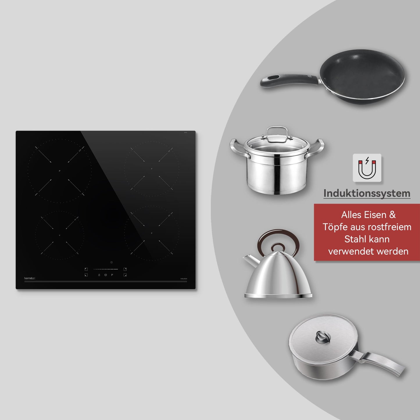 Hermitlux kochfeld 28,8cm, Glaskeramik Kochfeld 2 Platten, 9 Leistungsstufen, Touch-Steuerung, Timer, Kindersicherung, Geeignet für Alle Töpfe, 3300W