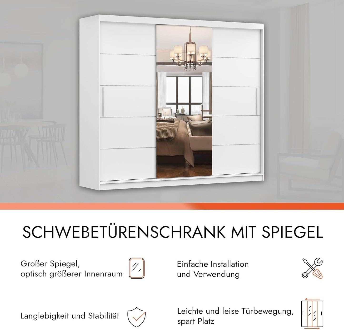 Fabryka Mebli Idźczak Kleiderschrank mit Spiegel, Schiebetüren - Weißer Schwebetürenschrank, Schlafzimmerschrank - 61 x 250 x 218 cm - Schrank für Schlafzimmer, Wohnzimmer, Garderobe