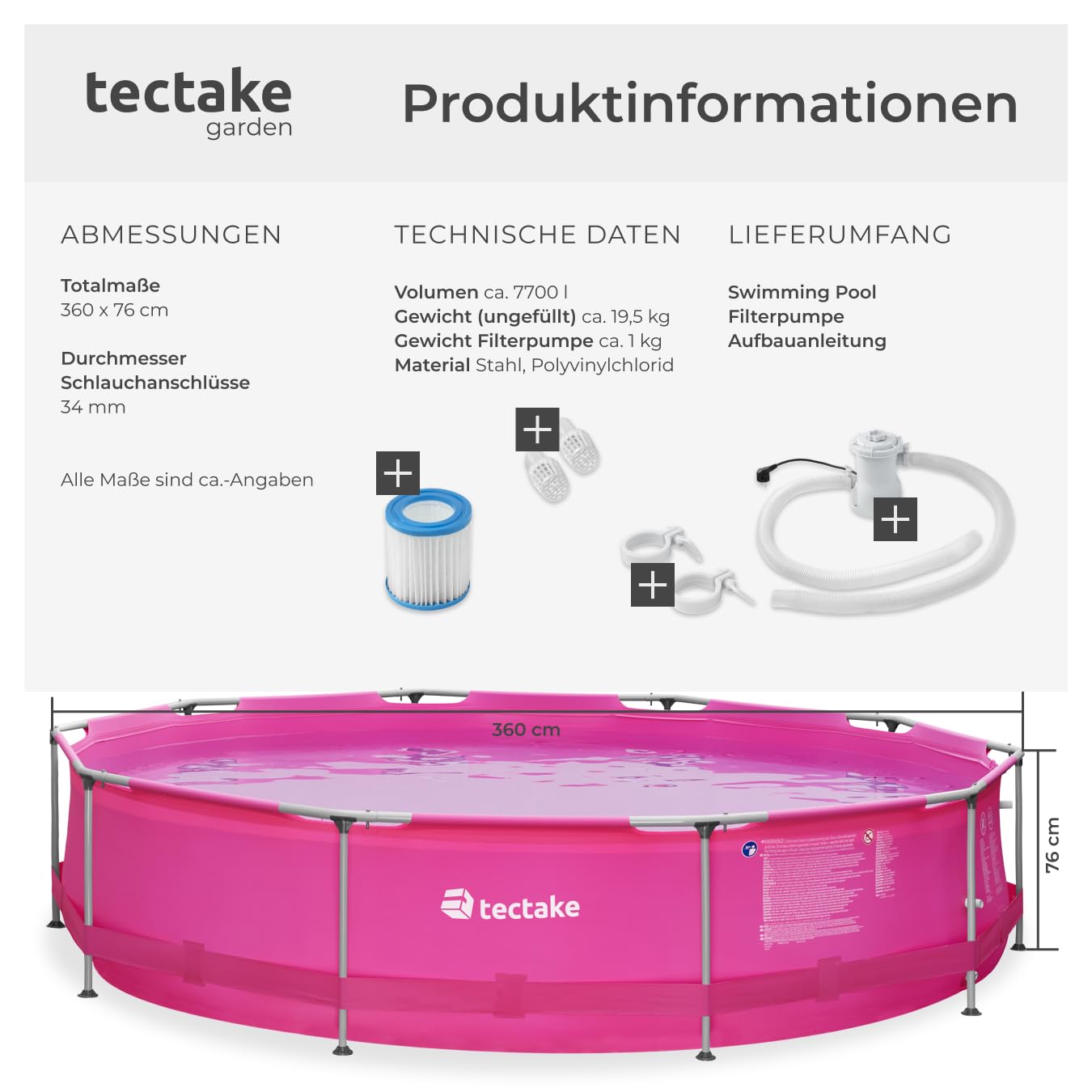 tectake® Swimming Pool, Large Swimming Pool, Rectangular, Frame Pool, Pool for Garden, Steel Frame Pool, Complete Set, Outdoor Garden Pool, Above Ground Pool, 300 x 207 x 70 cm, Grey