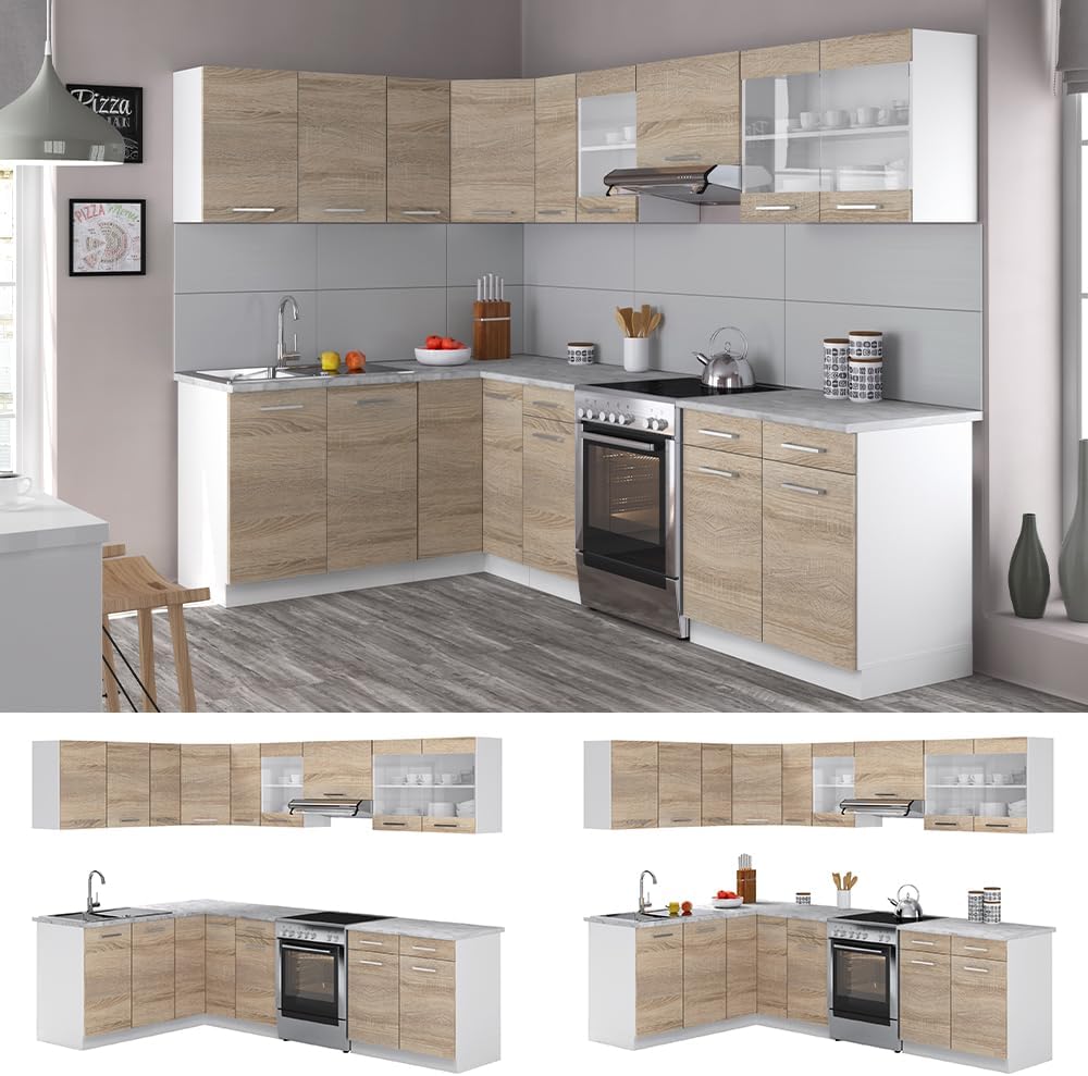 Vicco Kitchen Unit L 210 cm Kitchen Block Angle Corner Built-in Sonoma Oak - Freely Combinable Units - R-Line