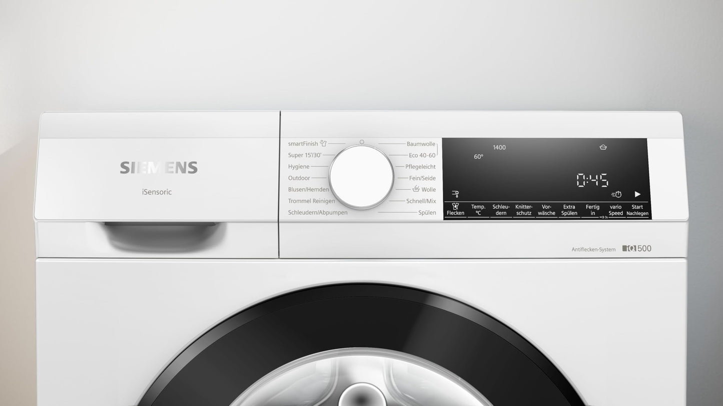 Siemens WM14N12A Waschmaschine iQ300, Frontlader mit 9kg Fassungsvermögen, 1400 UpM, speedPack L, smartFinish, Outdoor-Programm, LED-Display, Weiß, 60cm