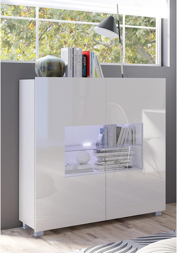 Lomadox Wall Unit White High Gloss 4-Piece Modern with 1 TV Lowboard, 1 Wall Cabinet, 1 Hanging Display Cabinet, 1 Highboard